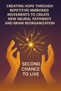 Illustration of mirrored hands and glowing neural pathways, symbolizing brain rewiring through repetitive mirrored movement and neuroplasticity, with the text “Second Chance to Live.