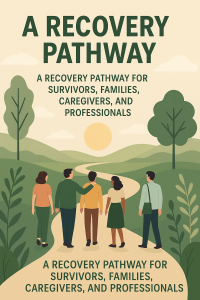 Illustration of a diverse group walking together along a peaceful path toward the sunrise, symbolizing holistic brain injury recovery for survivors, families, caregivers, and professionals.