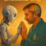 A human hand and a robotic hand reaching toward each other on a swirl background, symbolizing empathy, connection, and co-evolution between brain injury survivors and artificial intelligence.
