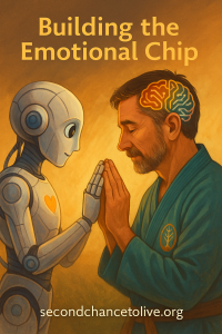 A human hand and a robotic hand reaching toward each other on a swirl background, symbolizing empathy, connection, and co-evolution between brain injury survivors and artificial intelligence.
