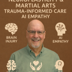Craig J. Phillips smiling, wearing glasses and a light green button-up shirt, centered on a warm brown background with icons representing brain injury, trauma-informed care, and AI empathy, under the title Legacy Archive.