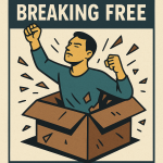 Digital illustration showing a person breaking free from a box, symbolizing empowerment and self-definition.