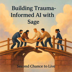 Illustration of five diverse people building a wooden bridge together over water, symbolizing collaboration between humans and AI developers for dignity-centered design.