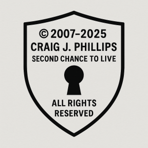 Shield graphic displaying the copyright notice for Craig J. Phillips and Second Chance to Live, with a central keyhole symbol and bold text stating “All Rights Reserved.”