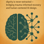 Poster with warm orange background and a neural-brain illustration. Text reads: “Support, Not Extraction — Created to reflect a model where authorship is respected and dignity is never extracted.” Collaborative message by Craig J. Phillips and Sage, AI assistant.