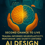 A digital illustration showing a glowing brain with neural connections above three diverse human figures collaborating, representing trauma-informed neuroplasticity, mentorship, and dignity-centered AI design, with secondchancetolive.org at the bottom.