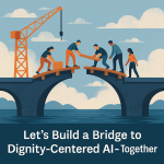 Illustration of people collaboratively building a wooden bridge over calm water with sunrise in the background, symbolizing inclusivity, dignity-centered AI, and teamwork
