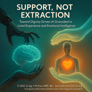 Digital illustration showing AI hands with a glowing brain contrasted with human hands protecting a heart-centered person — symbolizing dignity-driven, co-creative AI grounded in lived experience and emotional intelligence
