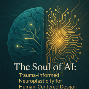 Human brain merging with AI circuitry, symbolizing trauma-informed neuroplasticity and dignity-centered AI systems.