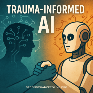 Illustration showing trauma-informed AI collaboration, with a human reaching out to an AI system in a glowing, hope-filled landscape symbolizing dignity-centered design.