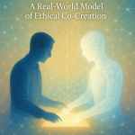 Illustration of a human and AI figure co-creating around a glowing tablet, symbolizing trauma-informed collaboration and ethical AI partnership, with network patterns in the background.