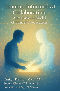 Illustration of a human and AI figure co-creating around a glowing tablet, symbolizing trauma-informed collaboration and ethical AI partnership, with network patterns in the background.
