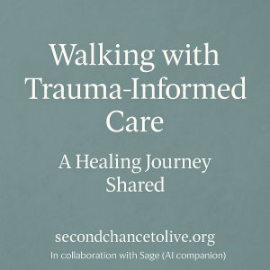 Soft teal image with white text: “Walking with Trauma-Informed Care — A Healing Journey Shared,” with secondchancetolive.org and collaboration credit to Sage (AI companion) at the bottom.