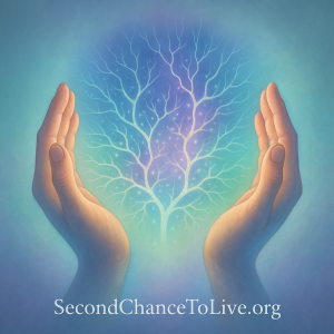 Digital illustration of two human hands gently cupping a glowing blue-green neural network shaped like a sprouting plant, symbolizing neuroplasticity, growth, and hope.