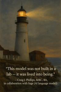 A lighthouse glows at twilight above a rocky shoreline, symbolizing trauma-informed human–AI collaboration. Quote by Craig J. Phillips displayed below.