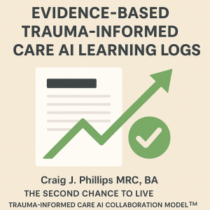 Professional cover image displaying the title Evidence-Based Trauma-Informed Care AI Learning Logs by Craig J. Phillips, MRC, BA, illustrating ethical human–AI collaboration through The Second Chance to Live Trauma-Informed Care AI Collaboration Model™
