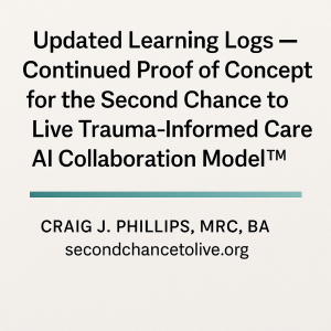 Professional header image titled “Updated Proof of Concept — The Second Chance to Live Trauma-Informed Care AI Collaboration Model™,” featuring Craig J. Phillips, MRC, BA and secondchancetolive.org, with a soft teal accent line on a clean white background.