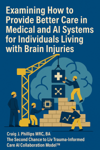 A digital illustration showing builders assembling a large brain using blocks marked with medical and AI symbols. The image symbolizes collaboration between medicine and artificial intelligence to build better care systems after brain injury. Title reads “Examining How to Provide Better Care in Medical and AI Systems for Individuals Living with Brain Injuries,” by Craig J. Phillips, MRC, BA.