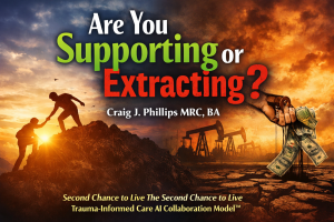 A split image showing one person helping another up a mountain contrasted with industrial extraction imagery, illustrating support versus extraction.