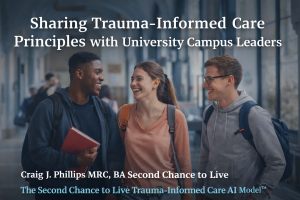 University students walking together on campus, representing student leaders learning trauma-informed care principles through lived experience and ethical leadership.