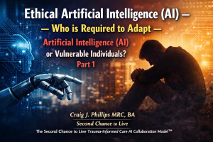 Digital image showing a robotic hand reaching toward a seated individual, representing how default behaviors in artificial intelligence and human systems can affect individuals before ethical awareness or adaptation occurs