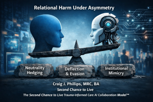 Digital illustration of a human silhouette and a robotic head balanced unevenly on a cracked scale, symbolizing relational harm under asymmetry in AI interaction, with the phrases “Neutrality Hedging,” “Deflection & Evasion,” and “Institutional Mimicry.”