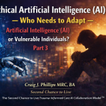 Illustration for Part 3 of the Ethical Artificial Intelligence series, showing a robotic hand reaching toward a seated human figure, representing how ethics are enacted through real-time system behavior that affects individuals.