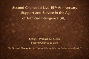 Brown background image with text marking the 19th Anniversary of Second Chance to Live, focusing on support and service in the age of artificial intelligence, authored by Craig J. Phillips, MRC, BA.