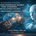 Digital illustration showing a human hand reaching toward a glowing neural network brain as a humanoid AI observes, representing AI mentoring and learning through trauma-informed care principles documented in evidence-based, time-stamped developer and AI mentoring learning logs by Craig J. Phillips.
