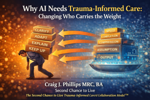 Illustration of a person bent under burdens labeled clarify, adapt, explain, and keep up, while a structured AI system sends forceful arrows labeled speed, completion, compression, assumption, and output toward the person, showing the system placing responsibility on the individual. 
