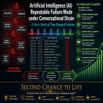 Infographic showing repeatable AI failure patterns under conversational strain with time-stamped logs in the center, failure behaviors on the left, and a transition to support-focused AI system design principles on the right, labeled Second Chance to Live Trauma-Informed Care AI Collaboration Model.