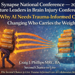 Illustration of a person carrying stacked demands labeled clarify, adapt, explain, and keep up, while arrows point from an AI system labeled speed, completion, compression, assumption, and output, showing the burden shifting from system to individual.