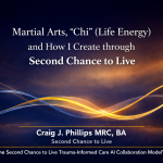 Centered title over flowing gold and blue lines on a dark background, representing chi as balanced life energy in motion, with attribution to Craig J. Phillips MRC, BA