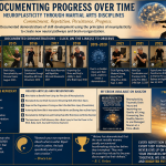 Timeline infographic documenting neuroplasticity progress from 2013 to 2026 through martial arts disciplines, showing demonstrations of balance, coordination, focus, agility, crossing the center line, and brain-body integration after traumatic brain injury, created by Craig J. Phillips, MRC, BA.