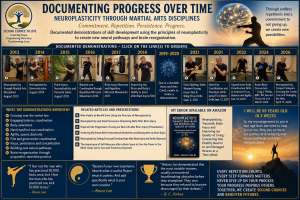 Timeline infographic documenting neuroplasticity progress from 2013 to 2026 through martial arts disciplines, showing demonstrations of balance, coordination, focus, agility, crossing the center line, and brain-body integration after traumatic brain injury, created by Craig J. Phillips, MRC, BA.