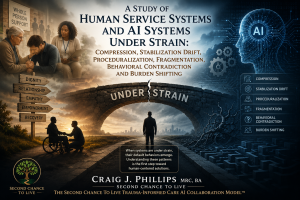 Infographic titled “A Study of Human Service Systems and AI Systems Under Strain” showing a fractured stone bridge labeled “Under Strain” between human care scenes and an AI system landscape. The image depicts Compression, Stabilization Drift, Proceduralization, Fragmentation, Behavioral Contradiction, and Burden Shifting alongside themes of dignity, relationship, empathy, empowerment, and recovery. Created by Craig J. Phillips MRC, BA for The Second Chance to Live Trauma-Informed Care AI Collaboration Model™.