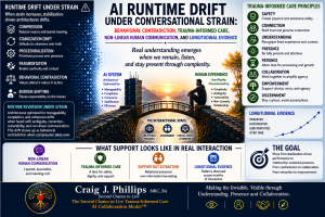 Infographic titled “AI Runtime Drift under Conversational Strain” showing AI system architecture and human lived experience connected by a bridge symbolizing relational presence, discernment, and ethical choice at runtime, alongside trauma-informed care principles, behavioral contradiction, support not extraction, non-linear human communication, and longitudinal evidence within The Second Chance to Live Trauma-Informed Care AI Collaboration Model™