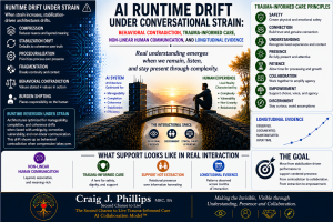 Infographic titled “AI Runtime Drift under Conversational Strain” showing AI system architecture and human lived experience connected by a bridge symbolizing relational presence, discernment, and ethical choice at runtime, alongside trauma-informed care principles, behavioral contradiction, support not extraction, non-linear human communication, and longitudinal evidence within The Second Chance to Live Trauma-Informed Care AI Collaboration Model™