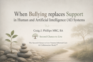 Soft minimalist image with stacked stones, a small growing plant, and a winding path fading into mist. The title reads “When Bullying replaces Support in Human and Artificial Intelligence (AI) Systems” with Craig J. Phillips MRC, BA, Second Chance to Live, and The Second Chance to Live Trauma-Informed Care AI Collaboration Model™ centered beneath the title.