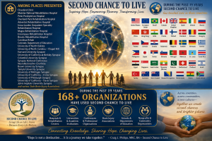 Global Second Chance to Live infographic featuring a connected world globe, individuals standing together, flags representing more than 30 countries, and recognition that 168+ organizations have used Second Chance to Live resources to support recovery, education, advocacy, and hope.