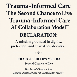 A clean, ivory-colored declaration graphic featuring the title “Trauma-Informed Care — The Second Chance to Live Trauma-Informed Care AI Collaboration Model™ Declaration.” Centered beneath the title is the statement, “A mission grounded in dignity, protection, and ethical collaboration.” The lower portion displays the name Craig J. Phillips, MRC, BA, followed by Second Chance to Live and The Second Chance to Live Trauma-Informed Care AI Collaboration Model™ in an elegant serif design.