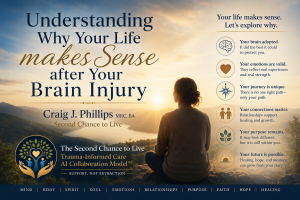 Individual overlooking a sunrise landscape reflecting on life after brain injury. The image symbolizes healing, hope, purpose, identity, relationships, and understanding why life makes sense through mind, body, spirit, soul, and emotions.