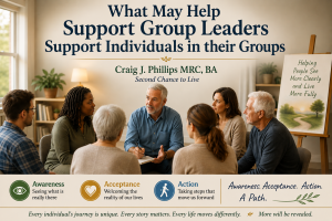 Support group leader facilitating a discussion among diverse group members with themes of awareness, acceptance, action, and whole-person support featured in the image.
