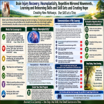 Infographic titled “Brain Injury Recovery, Neuroplasticity, Repetitive Mirrored Movements, Learning and Relearning Skills and Skill Sets and Creating Hope.” It highlights neuroplasticity, repetitive mirrored movements, creating new neural pathways, learning and relearning skills, martial arts demonstrations, encouraging quotations, and creating hope one skill and one small success at a time.