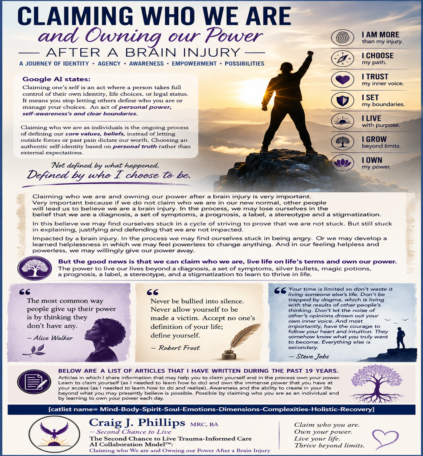 Claiming Who We Are and Owning Our Power After a Brain Injury infographic about identity, personal agency, self-awareness, boundaries, and living beyond brain injury labels.