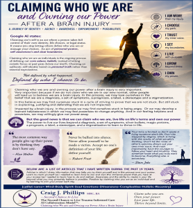 Claiming Who We Are and Owning Our Power After a Brain Injury infographic about identity, personal agency, self-awareness, boundaries, and living beyond brain injury labels.