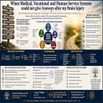 Infographic showing a whole-person brain injury recovery journey beyond symptoms and diagnosis through interconnected mind, body, spirit, soul, emotions, dimensions and complexities, trauma-informed care, growing awareness and lived experience.