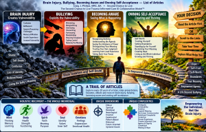 Infographic titled “Brain Injury, Bullying, Becoming Aware and Owning Self-Acceptance — List of Articles.” A visual journey moves from brain injury and vulnerability, through bullying and imbalance of power, into becoming aware, taking back power, self-worth, boundaries, self-acceptance, and empowered agency. A bridge represents movement from isolation and self-doubt toward empowered agency and self-acceptance. A sign gives the reader the choice to read the article first or scroll directly to the links. The infographic also integrates holistic recovery through mind, body, spirit, soul, emotions, unique dimensions and complexities.