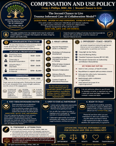A digital graphic featuring Craig J. Phillips, MRC, BA with Second Chance to Live branding and a call to respect original lived experience content and support trauma-informed collaboration. Infographic titled “Compensation and Use Policy” by Craig J. Phillips, MRC, BA | Second Chance to Live. The infographic presents honorarium rates, services offered, ownership and usage rights, ethical partnership opportunities, authorship and attribution boundaries, and The Second Chance to Live Trauma-Informed Care AI Collaboration Model™.