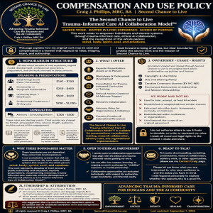 Infographic titled “Compensation and Use Policy” by Craig J. Phillips, MRC, BA | Second Chance to Live. The infographic presents honorarium rates, services offered, ownership and usage rights, ethical partnership opportunities, authorship and attribution boundaries, and The Second Chance to Live Trauma-Informed Care AI Collaboration Model™.